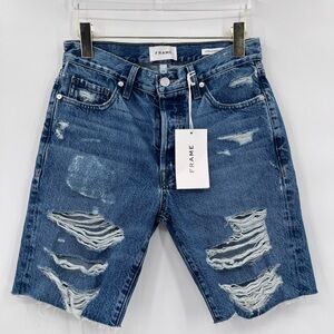 Frame Bermuda Shorts Lei Slouch‎ Bermuda Blue River Run Denim Distressed 24